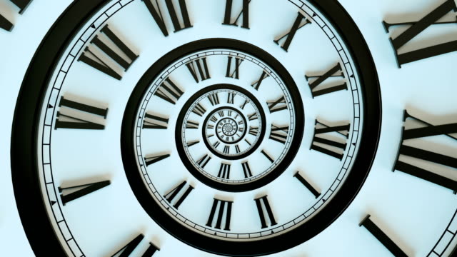 A clock recurring into itself in a spiral fashion a la Droste effect