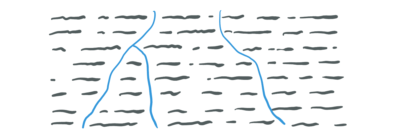 A visualisation of text rivers: coincidental alignments of gaps between words on a page that create long rows of negative space
